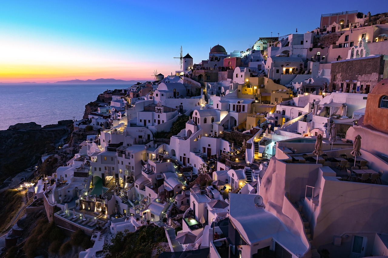 sunset, houses, greece, santorini, thira, nature, island, scenery, ocean, luxury, holiday, vacation